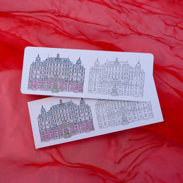 Grand Budapest Hotel Illustration Bookmarks on red background